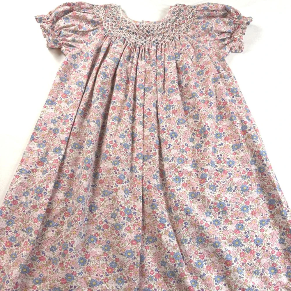 Sweet Dreams Smocked Dress‎ Girls 5 Pink Floral Puff Sleeve Cotton EUC